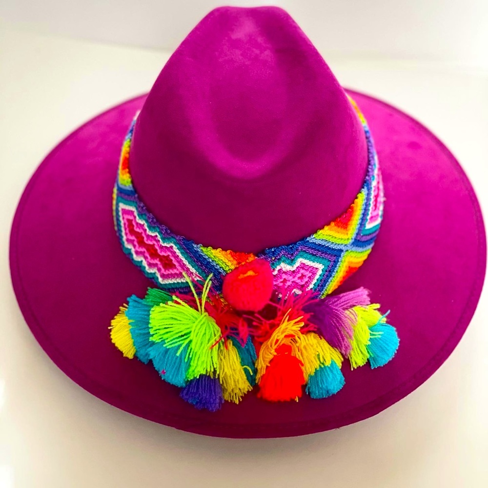 Brand New Boho Magenta Hat With Hand Knitted Design